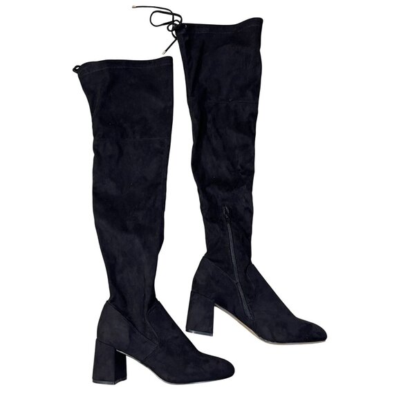 Steve Madden Osana Over The Knee Boot 7M Black Sort Tie Block Heel - Picture 1 of 9